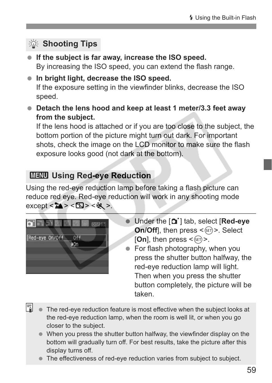 Shooting tips 3 using red-eye reduction | Canon EOS rebel xs User Manual | Page 59 / 196