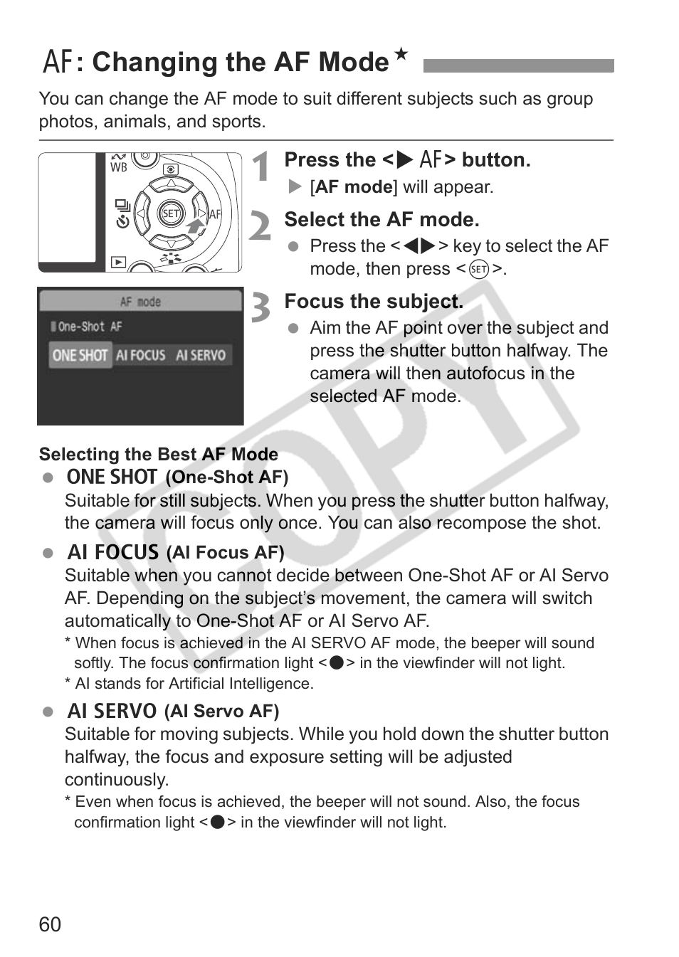 E: changing the af mode n | Canon EOS rebel xs User Manual | Page 60 / 196