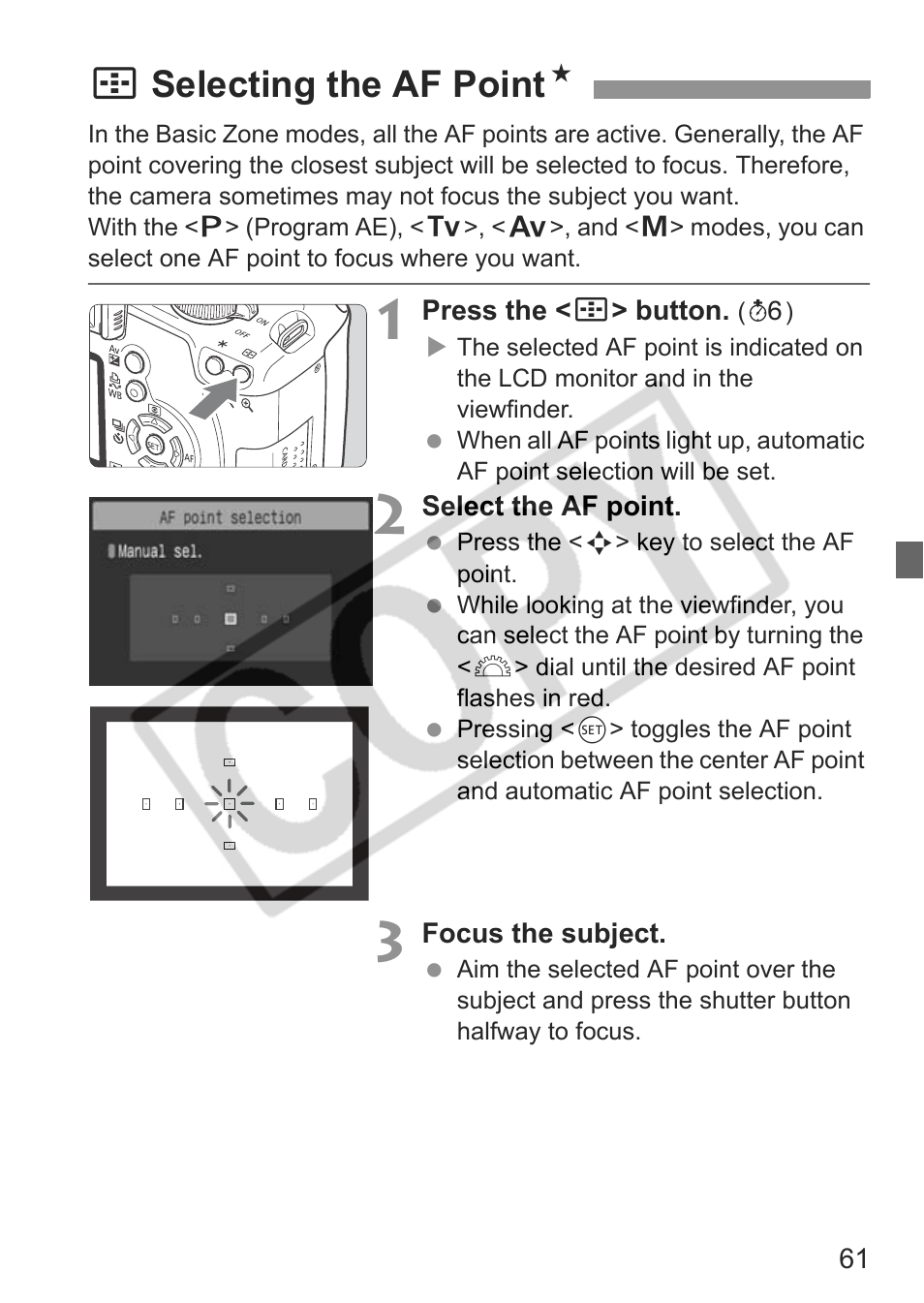 Sselecting the af point n | Canon EOS rebel xs User Manual | Page 61 / 196