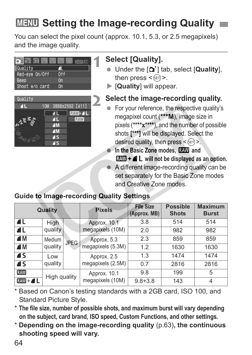 3setting the image-recording quality, Select [quality, Select the image-recording quality | Canon EOS rebel xs User Manual | Page 64 / 196