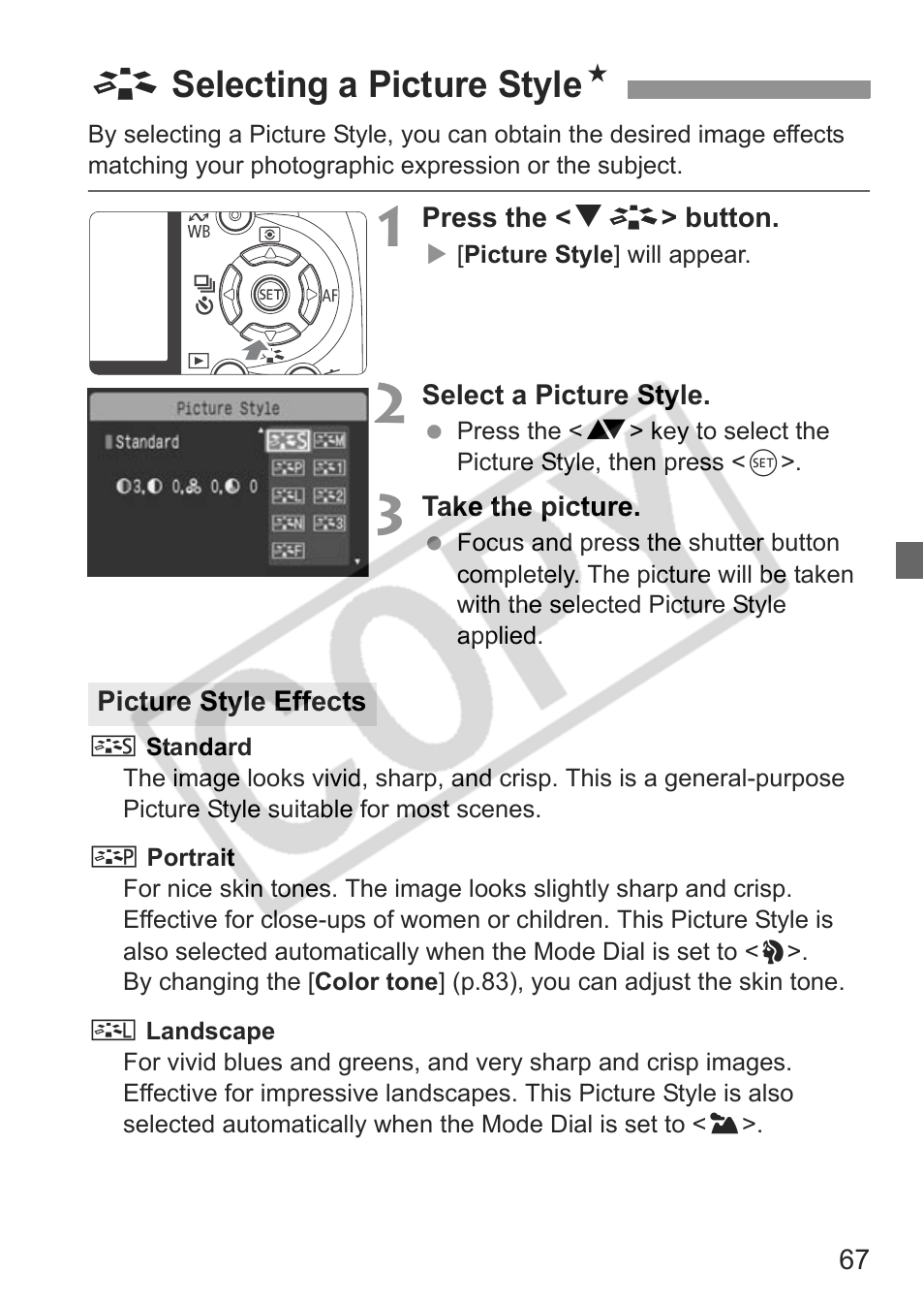 A selecting a picture style n | Canon EOS rebel xs User Manual | Page 67 / 196