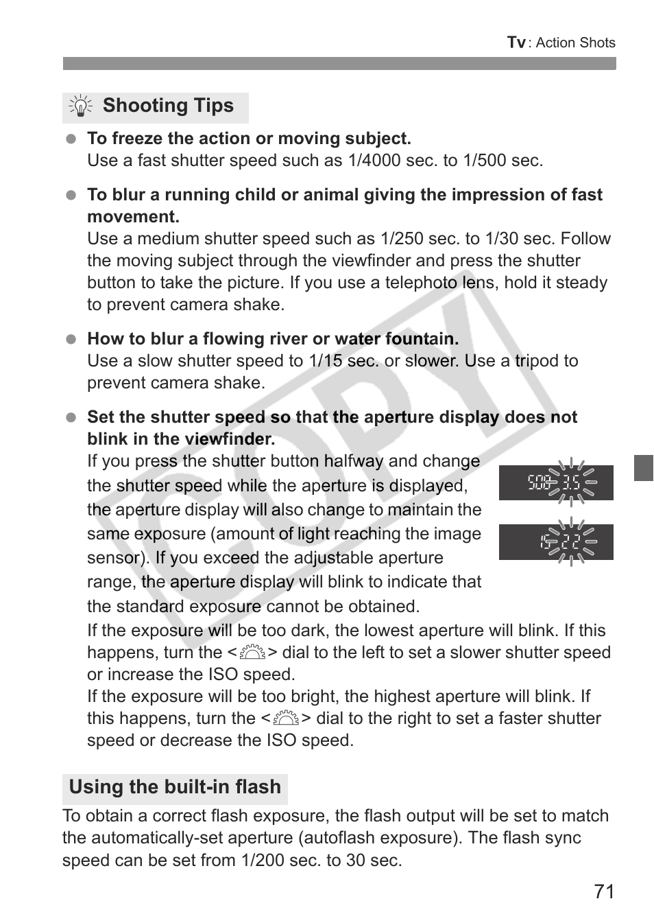Shooting tips using the built-in flash | Canon EOS rebel xs User Manual | Page 71 / 196