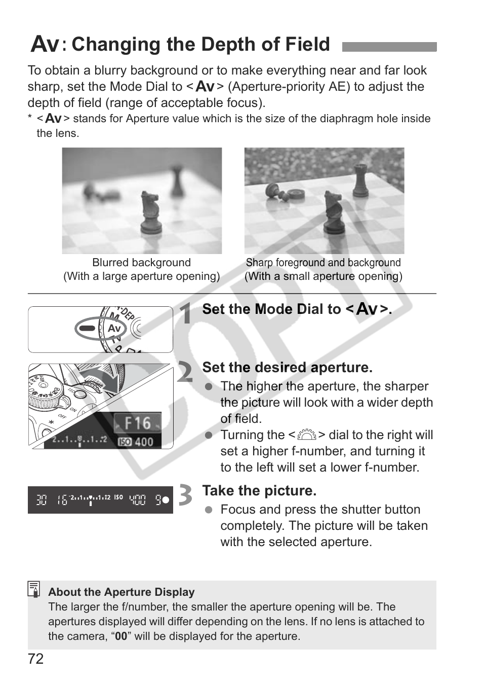 F: changing the depth of field | Canon EOS rebel xs User Manual | Page 72 / 196