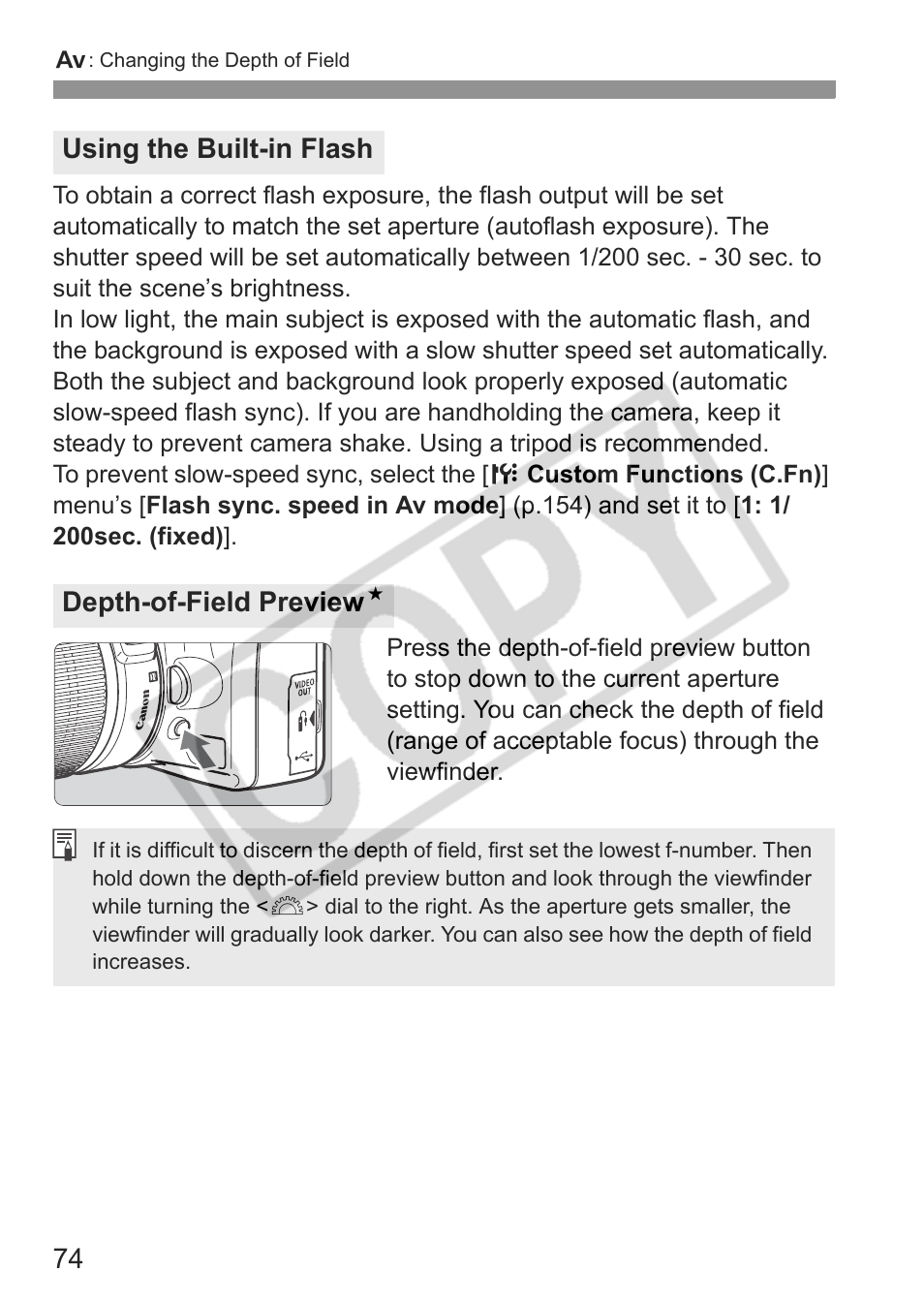 Using the built-in flash depth-of-field preview n | Canon EOS rebel xs User Manual | Page 74 / 196