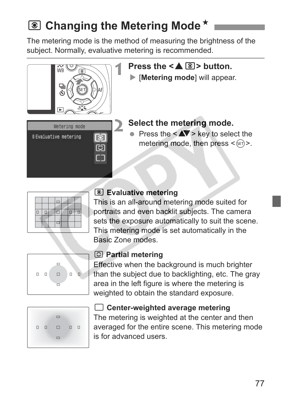 Qchanging the metering mode n | Canon EOS rebel xs User Manual | Page 77 / 196