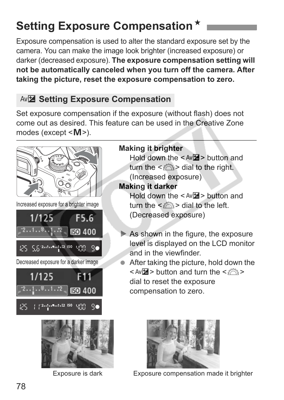 Setting exposure compensation n | Canon EOS rebel xs User Manual | Page 78 / 196