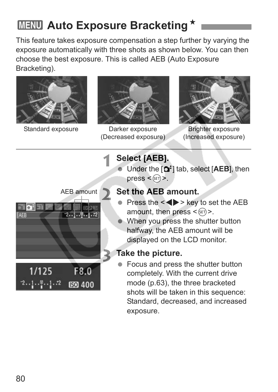 3auto exposure bracketing n | Canon EOS rebel xs User Manual | Page 80 / 196