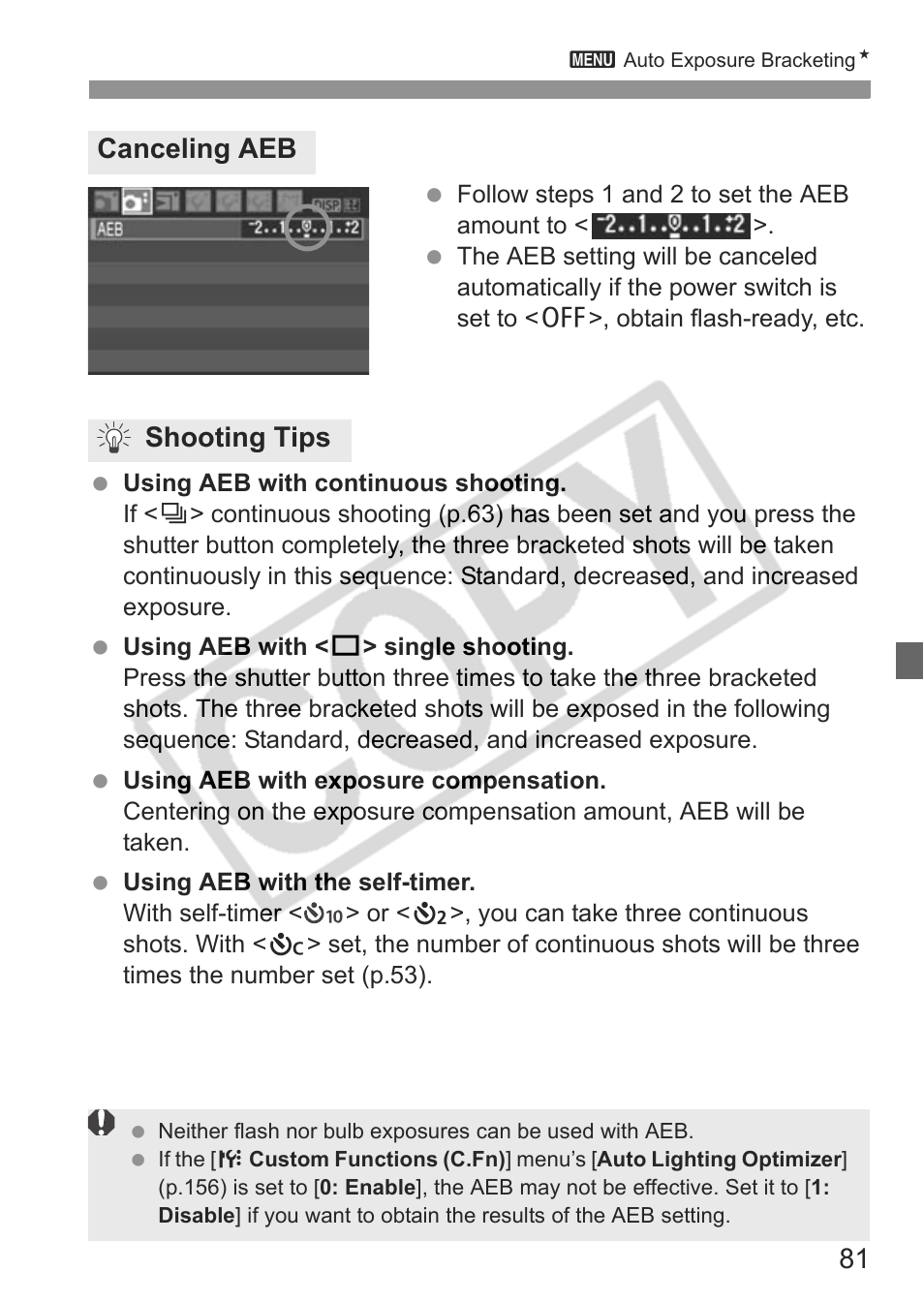 Canceling aeb shooting tips | Canon EOS rebel xs User Manual | Page 81 / 196
