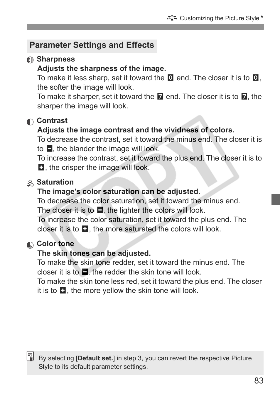 Parameter settings and effects | Canon EOS rebel xs User Manual | Page 83 / 196