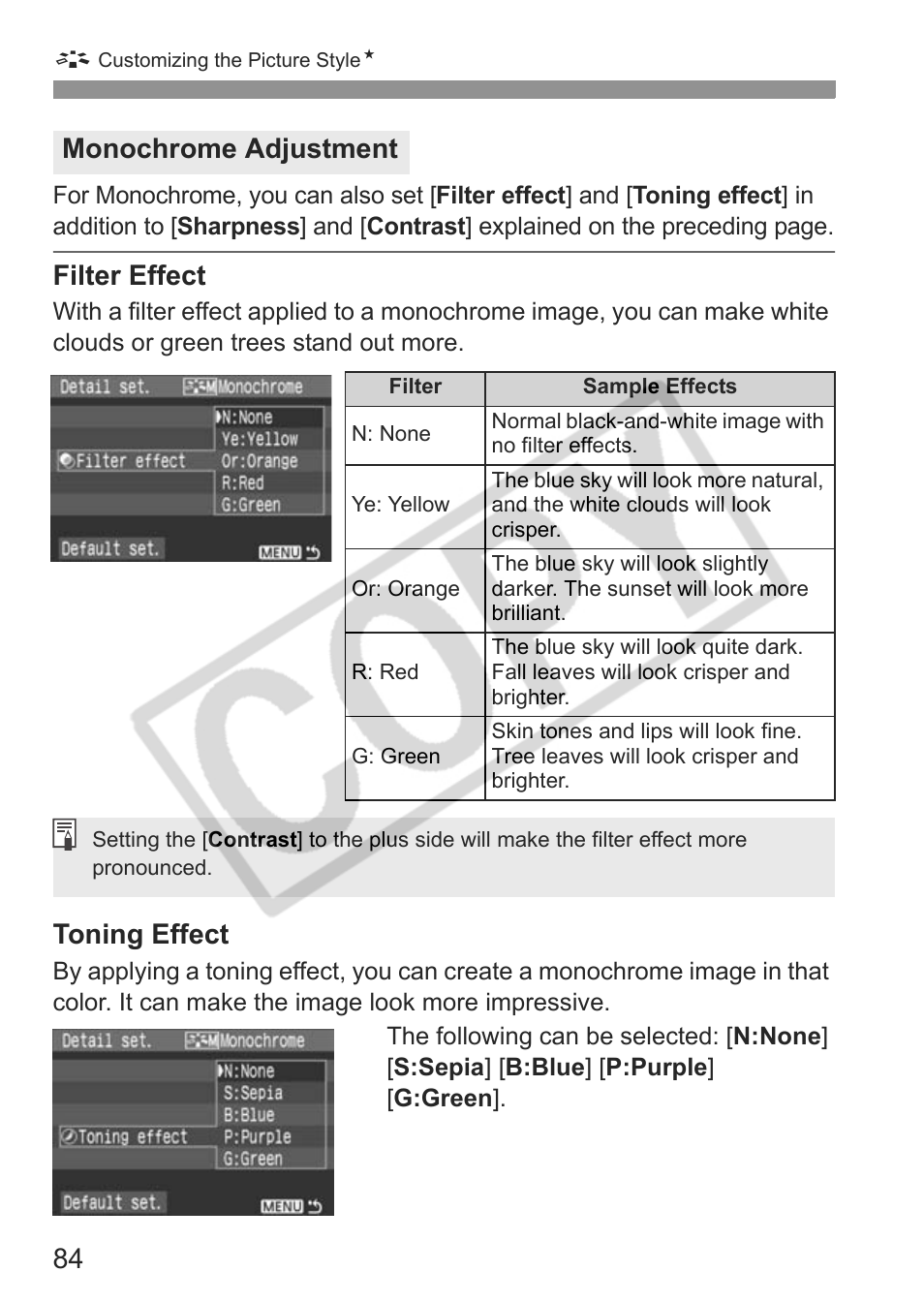 Filter effect, Toning effect, Monochrome adjustment | Canon EOS rebel xs User Manual | Page 84 / 196