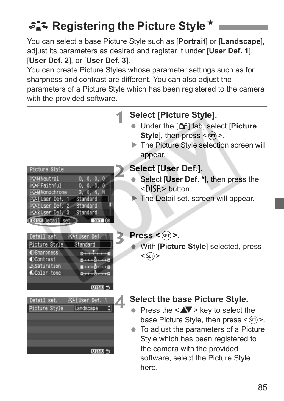 A registering the picture style n | Canon EOS rebel xs User Manual | Page 85 / 196