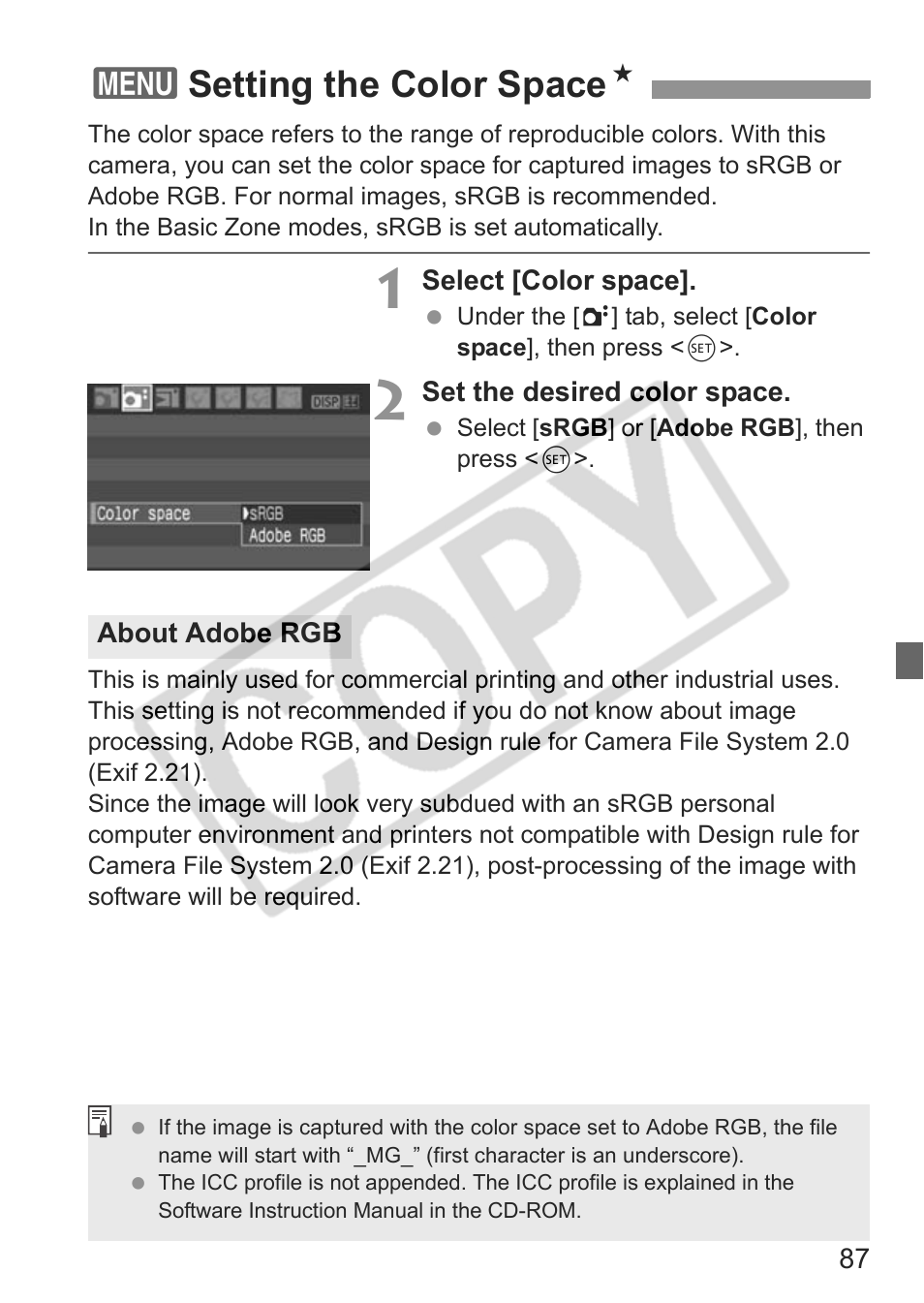 3setting the color space n | Canon EOS rebel xs User Manual | Page 87 / 196