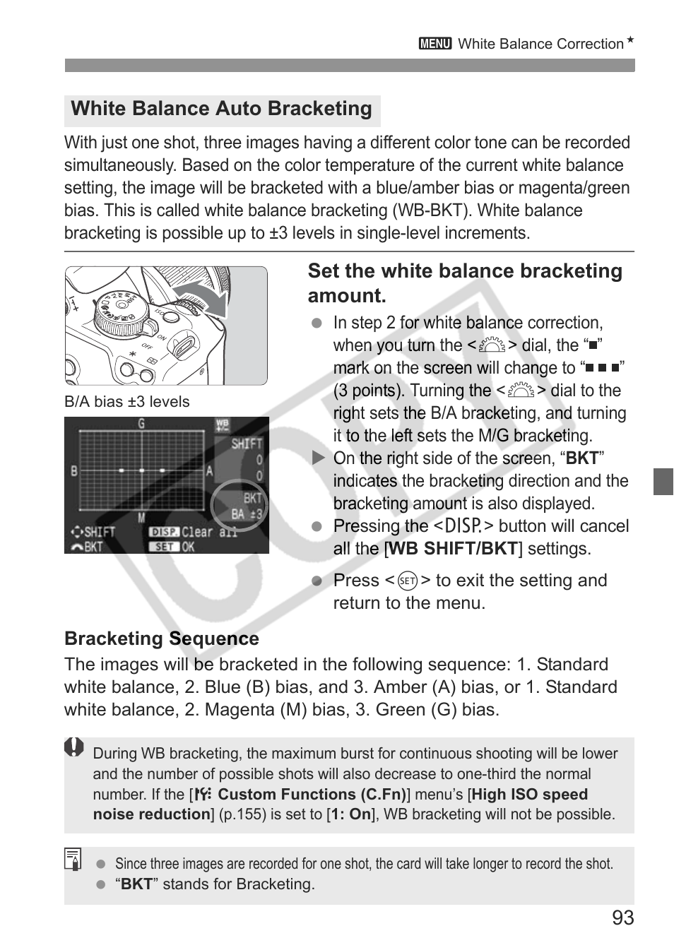 Set the white balance bracketing amount, White balance auto bracketing | Canon EOS rebel xs User Manual | Page 93 / 196