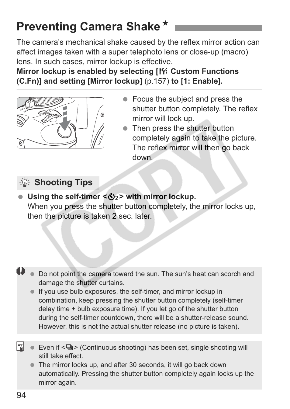 Preventing camera shake n, Shooting tips | Canon EOS rebel xs User Manual | Page 94 / 196