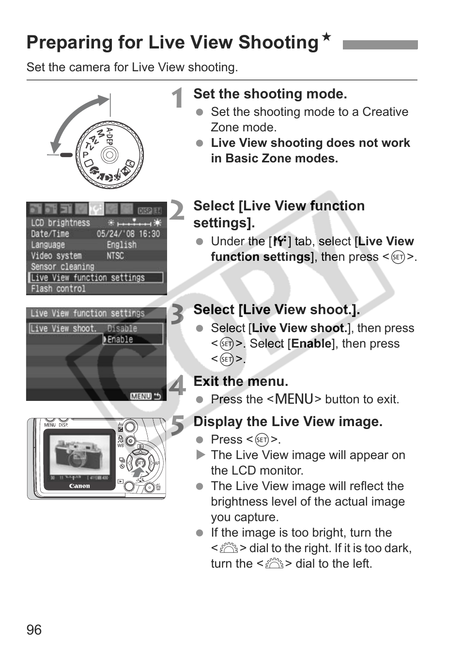 Preparing for live view shooting n | Canon EOS rebel xs User Manual | Page 96 / 196