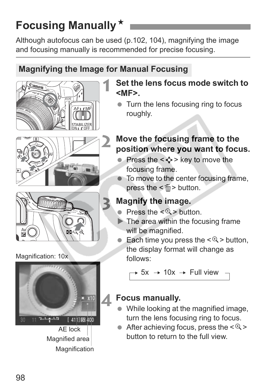 Focusing manually n | Canon EOS rebel xs User Manual | Page 98 / 196