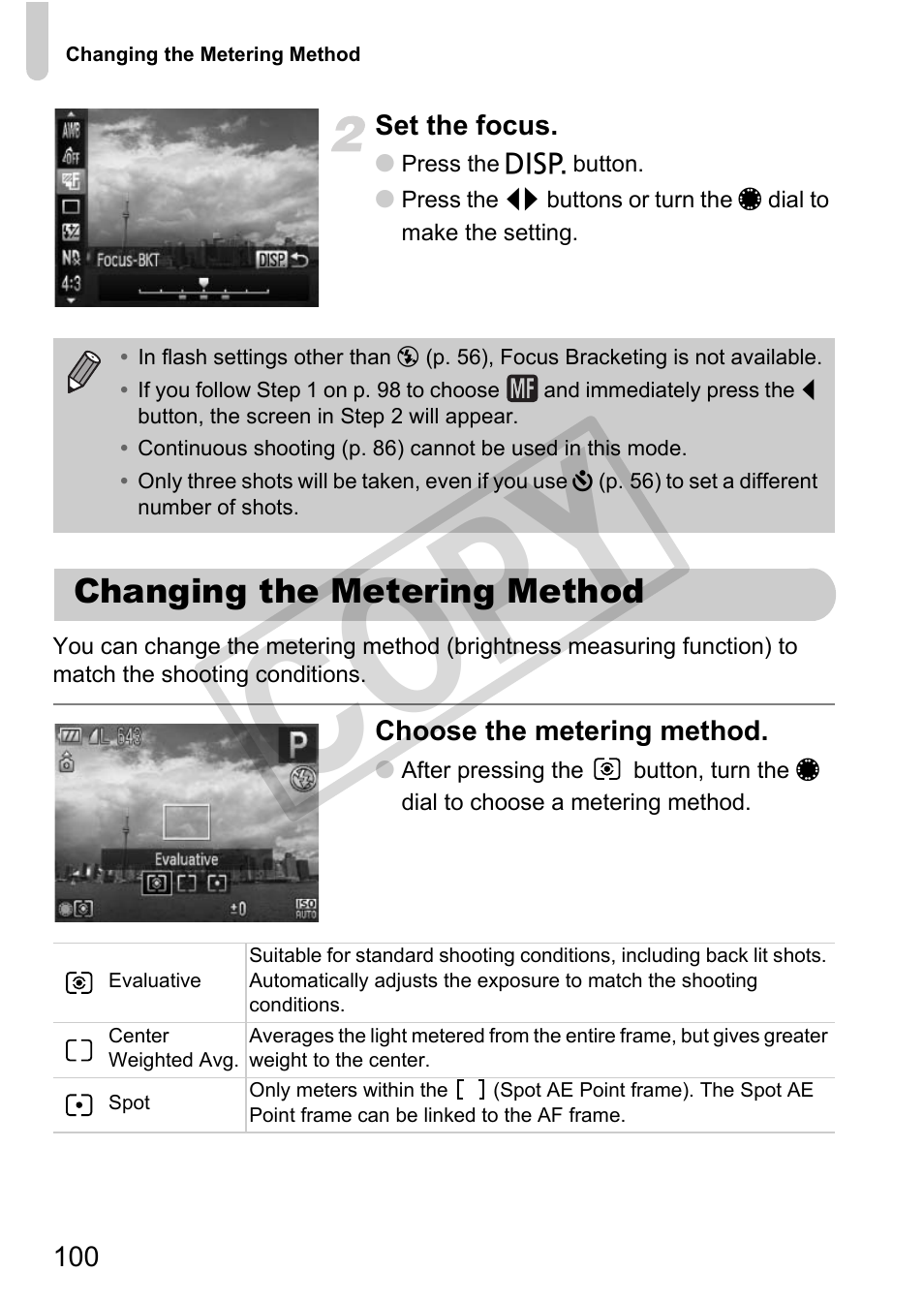 Changing the metering method, Cop y | Canon PowerShot G12 User Manual | Page 100 / 214