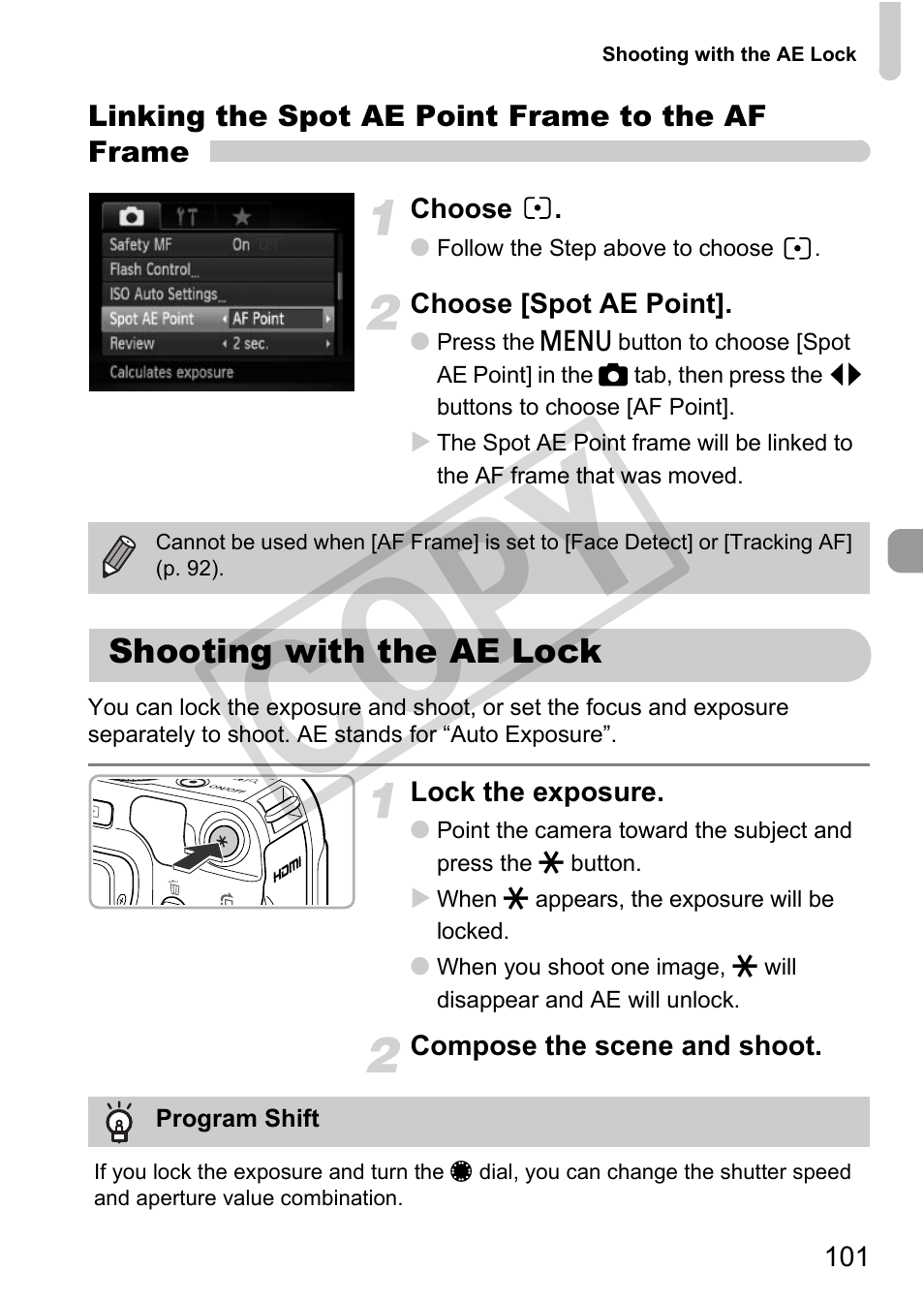 Shooting with the ae lock, Cop y | Canon PowerShot G12 User Manual | Page 101 / 214