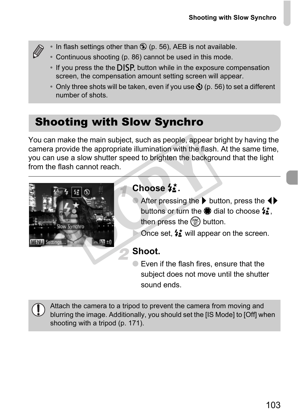 Shooting with slow synchro, Cop y | Canon PowerShot G12 User Manual | Page 103 / 214