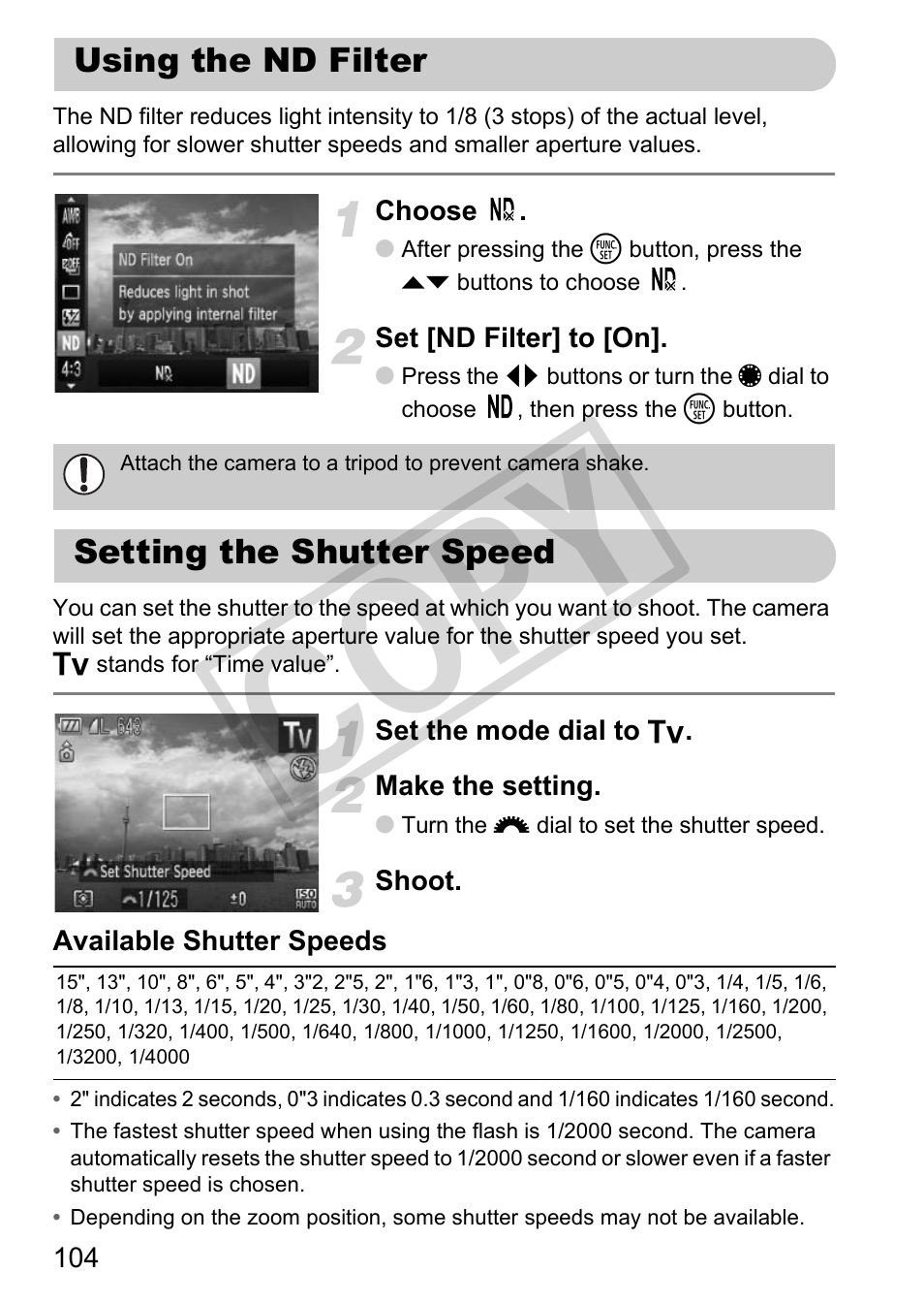 Using the nd filter setting the shutter speed, Cop y | Canon PowerShot G12 User Manual | Page 104 / 214