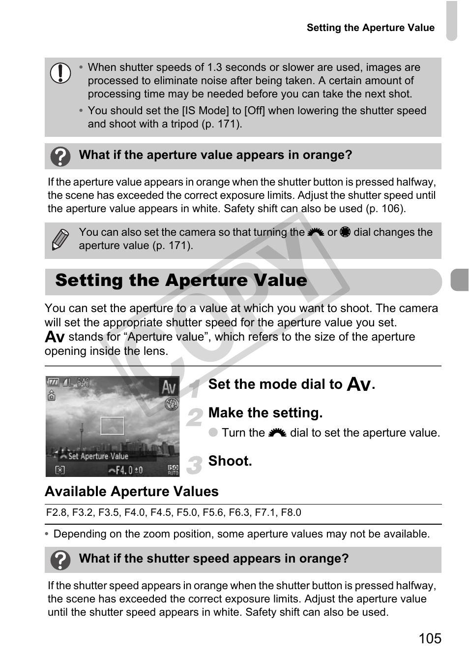 Setting the aperture value, Cop y | Canon PowerShot G12 User Manual | Page 105 / 214