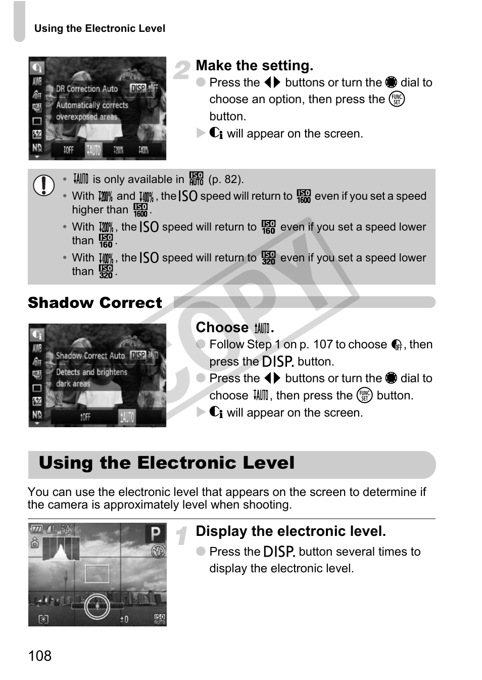 Using the electronic level, Cop y | Canon PowerShot G12 User Manual | Page 108 / 214