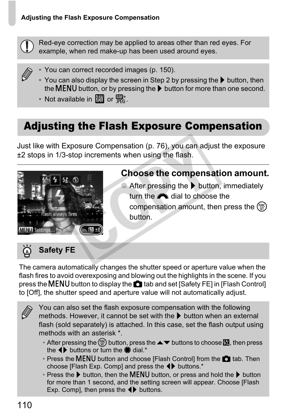 Adjusting the flash exposure compensation, Cop y | Canon PowerShot G12 User Manual | Page 110 / 214