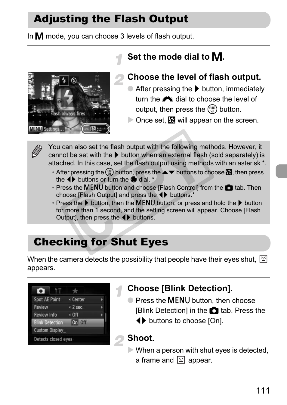 Adjusting the flash output checking for shut eyes, Cop y, Adjusting the flash output | Checking for shut eyes | Canon PowerShot G12 User Manual | Page 111 / 214