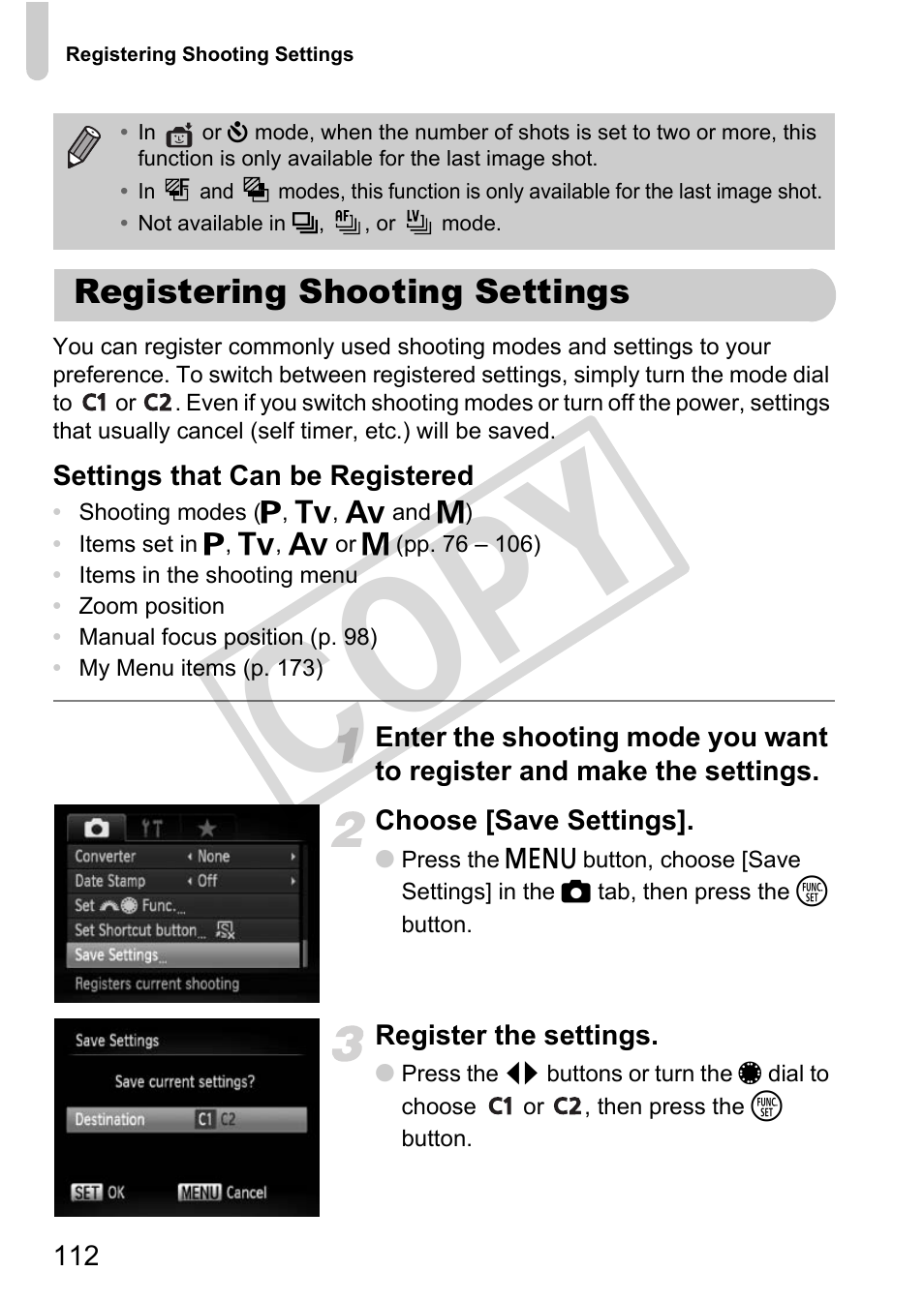 Registering shooting settings, Cop y | Canon PowerShot G12 User Manual | Page 112 / 214