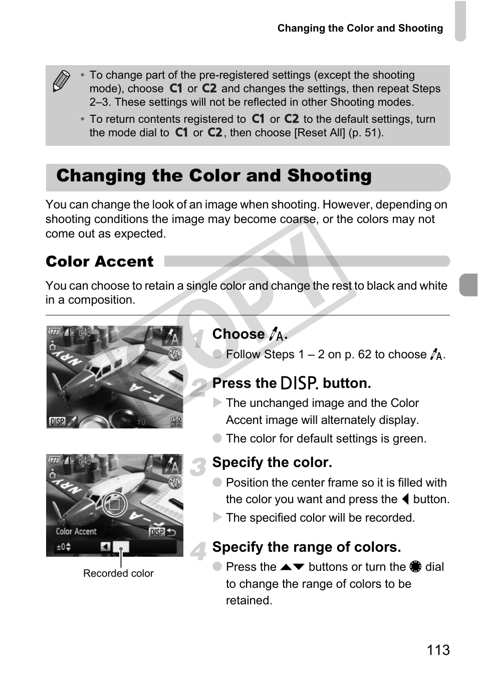 Changing the color and shooting . 113, 113) an, Cop y | Canon PowerShot G12 User Manual | Page 113 / 214