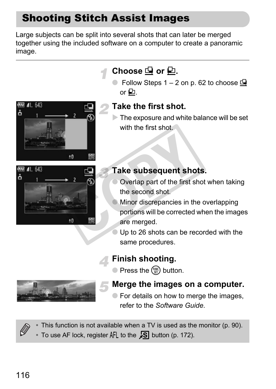 Shooting stitch assist images, Cop y | Canon PowerShot G12 User Manual | Page 116 / 214