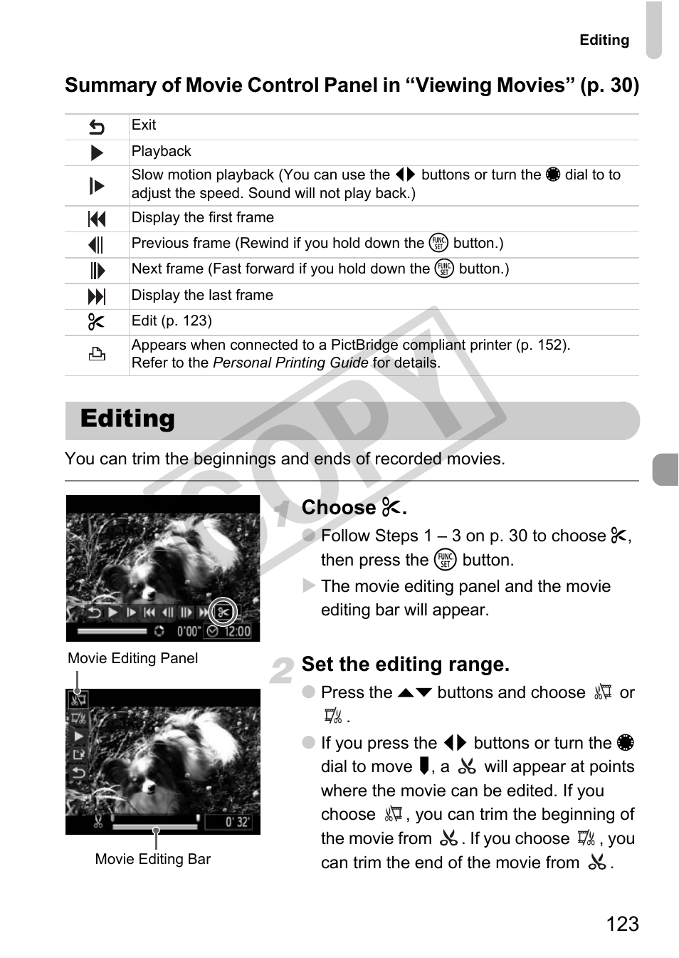 Editing, Cop y | Canon PowerShot G12 User Manual | Page 123 / 214