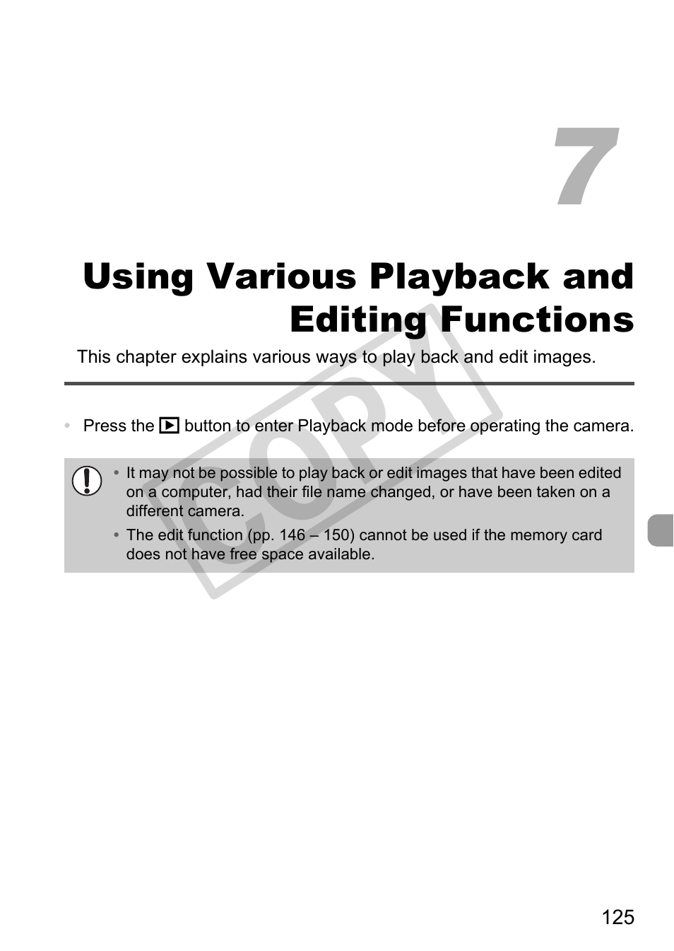 Using various playback and, Editing functions, C op y | Canon PowerShot G12 User Manual | Page 125 / 214