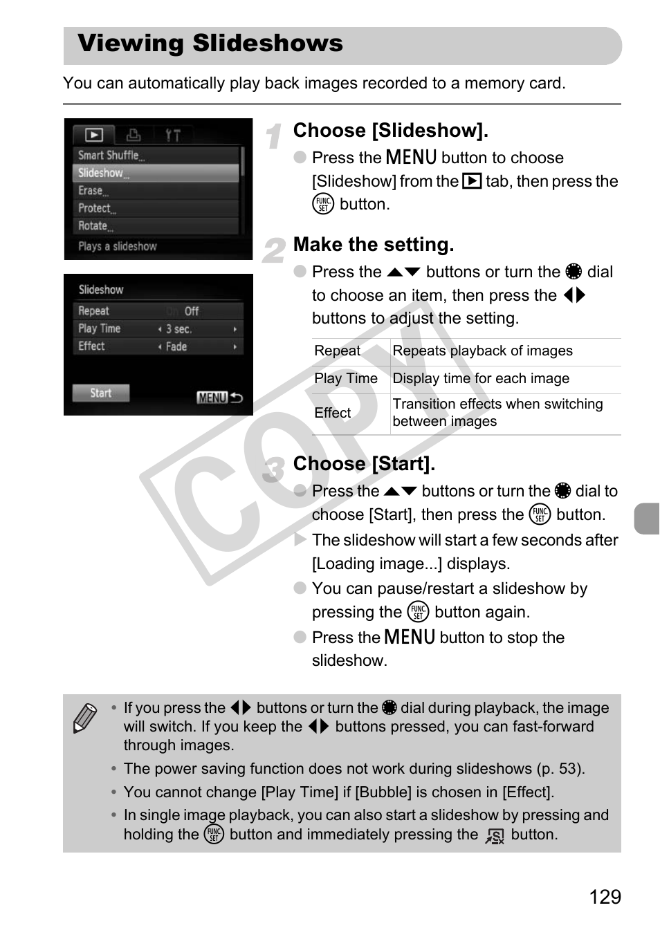 Viewing slideshows, Cop y | Canon PowerShot G12 User Manual | Page 129 / 214