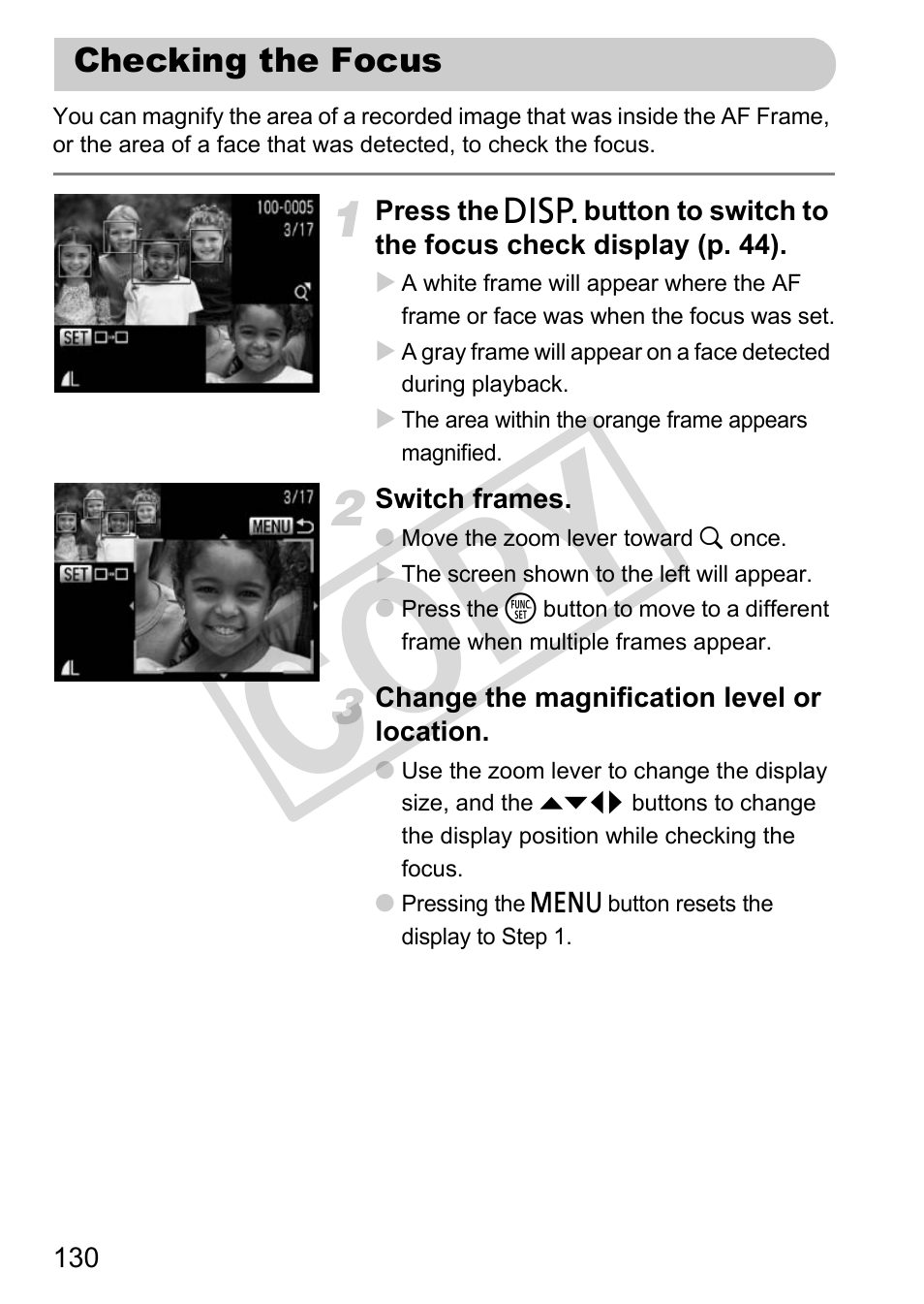 Checking the focus, Cop y | Canon PowerShot G12 User Manual | Page 130 / 214