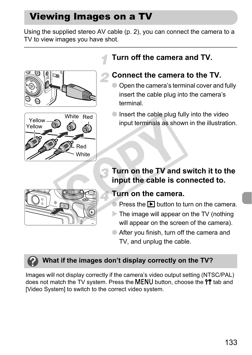 Viewing images on a tv, Cop y | Canon PowerShot G12 User Manual | Page 133 / 214