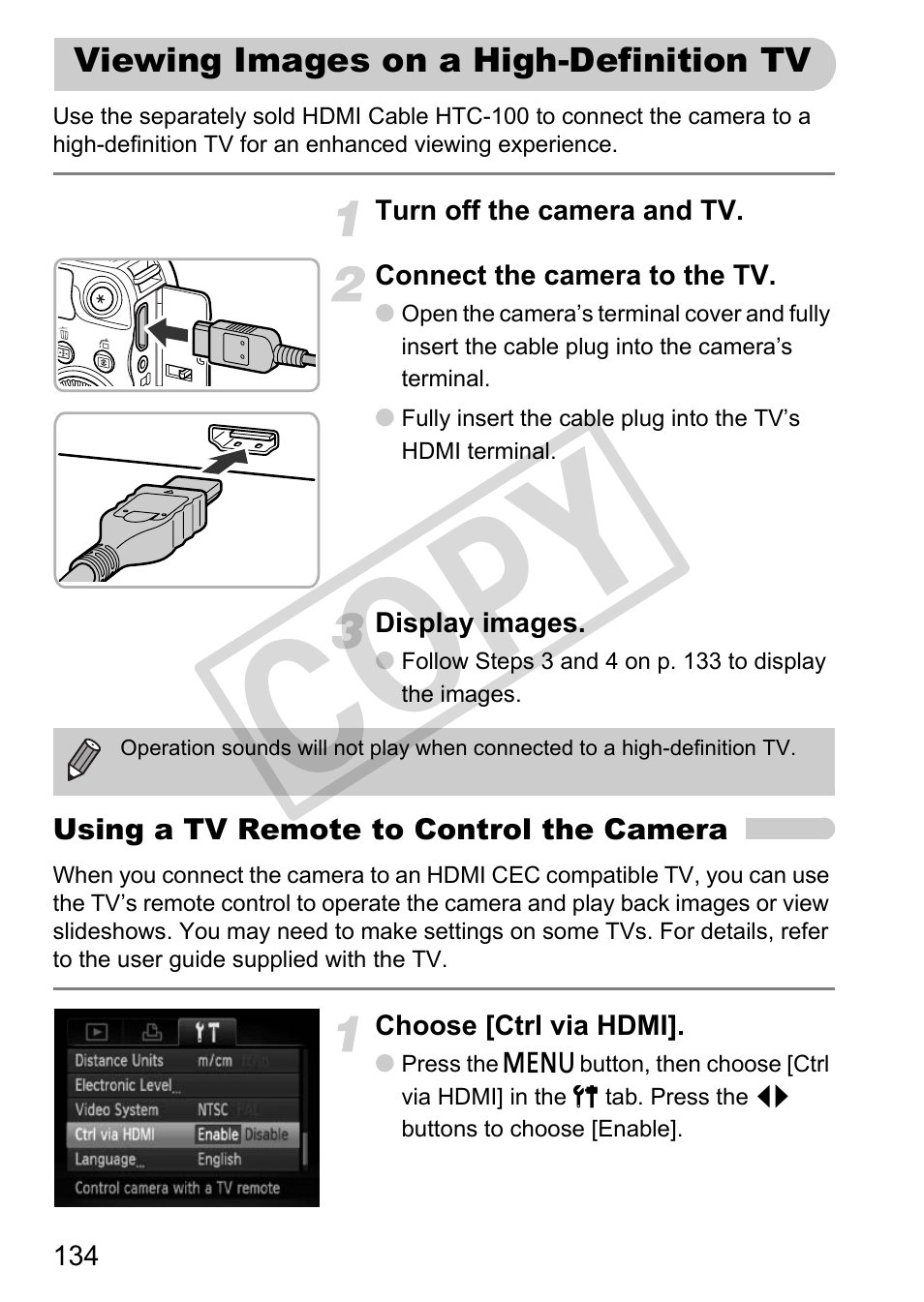 Viewing images on a high-definition tv, Cop y | Canon PowerShot G12 User Manual | Page 134 / 214