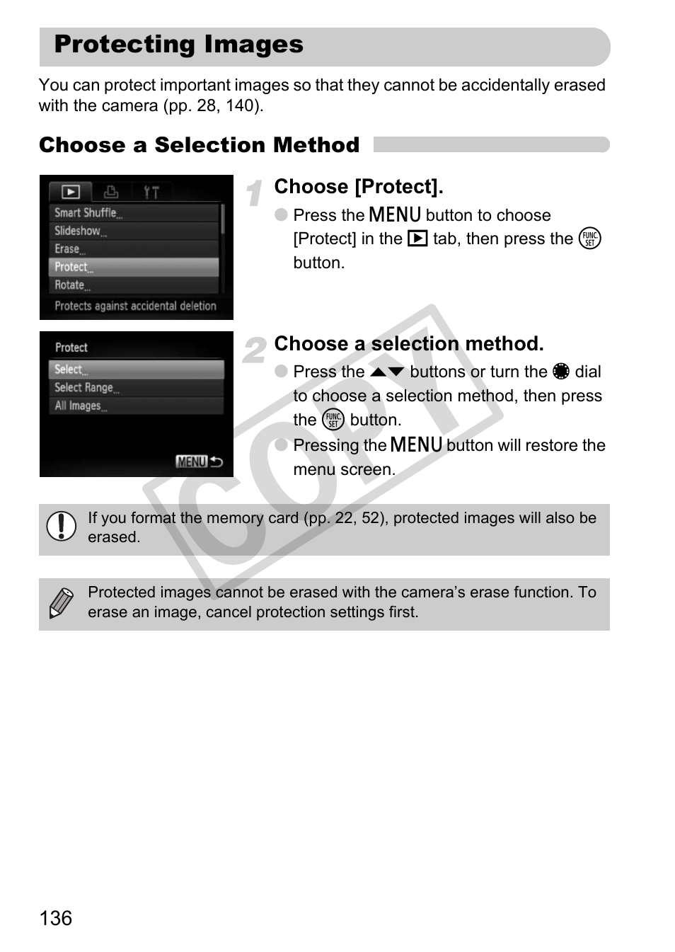 Protecting images, 136) o, Cop y | Canon PowerShot G12 User Manual | Page 136 / 214