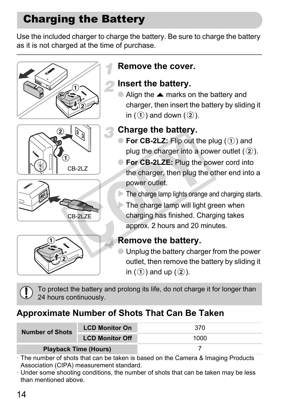 Charging the battery, Cop y | Canon PowerShot G12 User Manual | Page 14 / 214