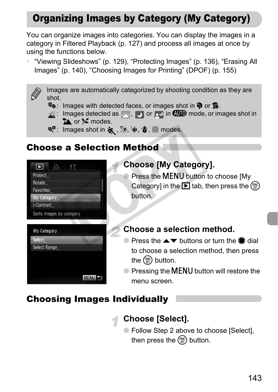 Organizing images by category (my category), Cop y | Canon PowerShot G12 User Manual | Page 143 / 214