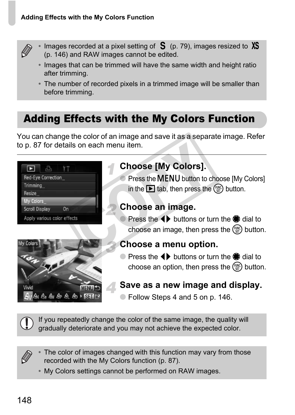 Adding effects with the my colors function, Cop y | Canon PowerShot G12 User Manual | Page 148 / 214