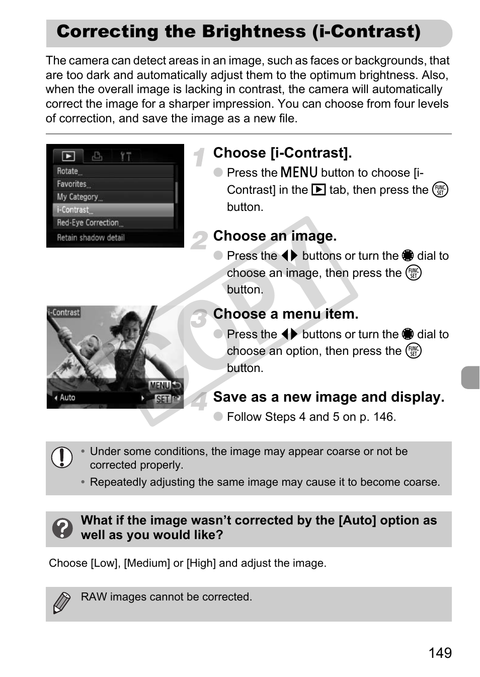 Correcting the brightness (i-contrast), Cop y | Canon PowerShot G12 User Manual | Page 149 / 214