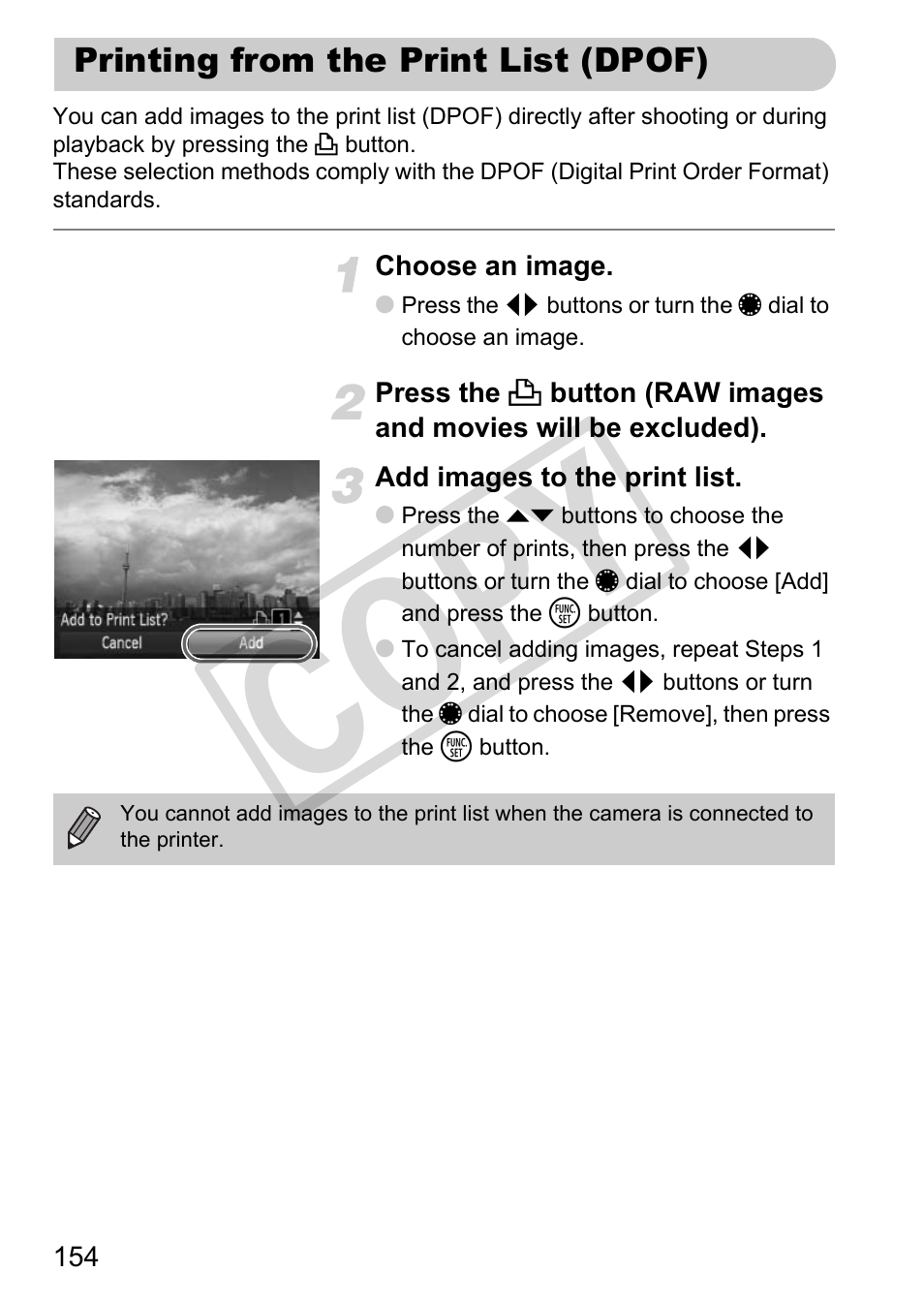 Printing from the print list (dpof), Cop y | Canon PowerShot G12 User Manual | Page 154 / 214