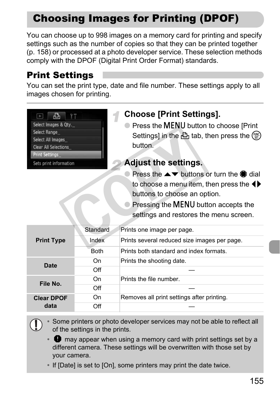 Choosing images for printing (dpof), Cop y | Canon PowerShot G12 User Manual | Page 155 / 214