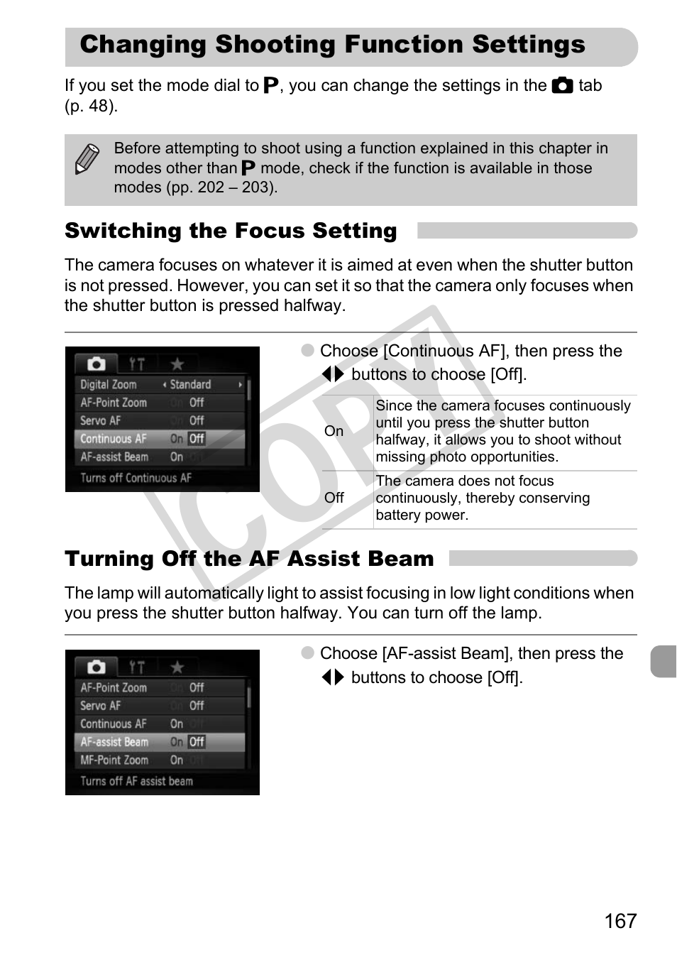 Changing shooting function settings, Cop y | Canon PowerShot G12 User Manual | Page 167 / 214