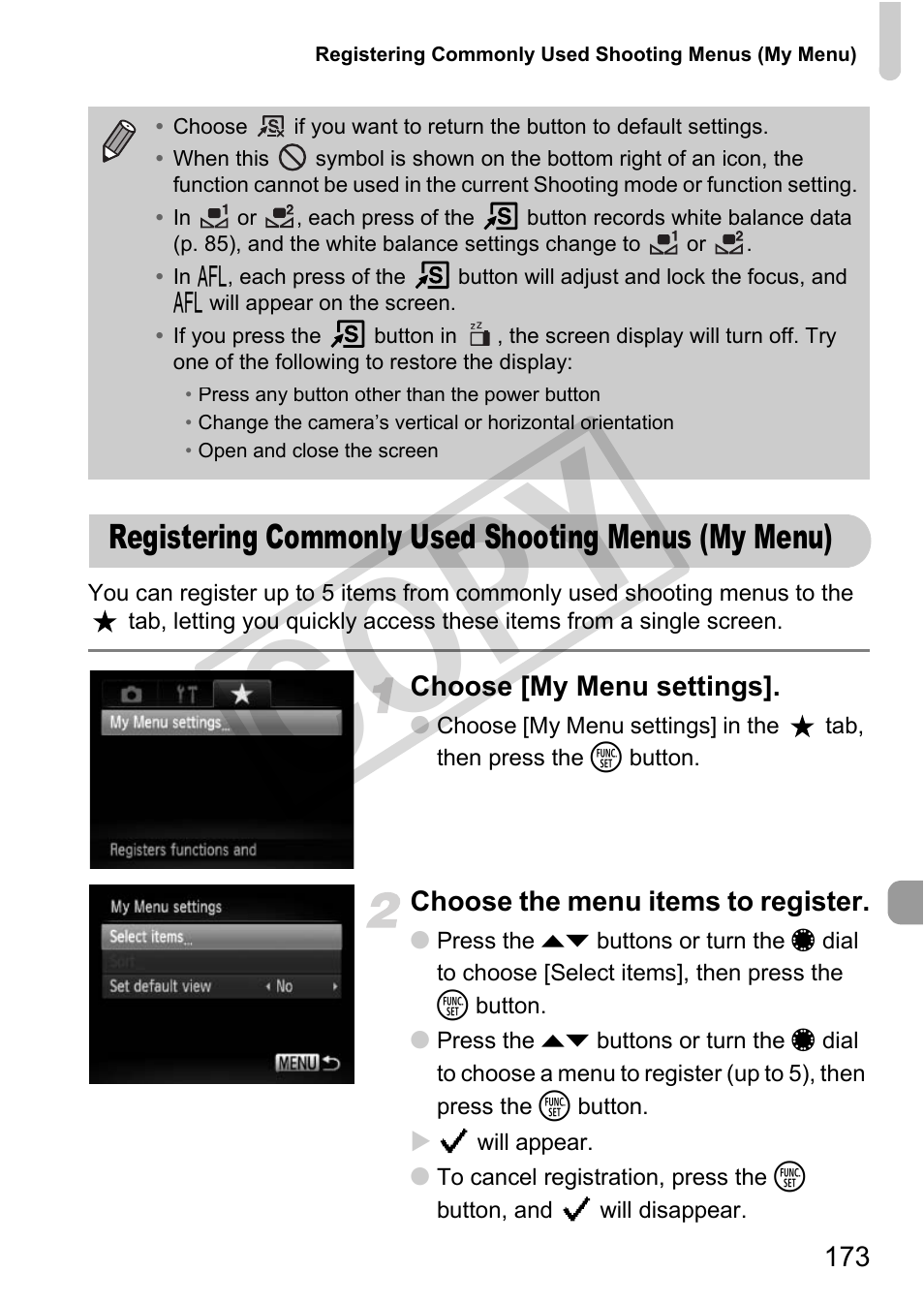 Registering commonly used shooting menus (my menu), Cop y | Canon PowerShot G12 User Manual | Page 173 / 214