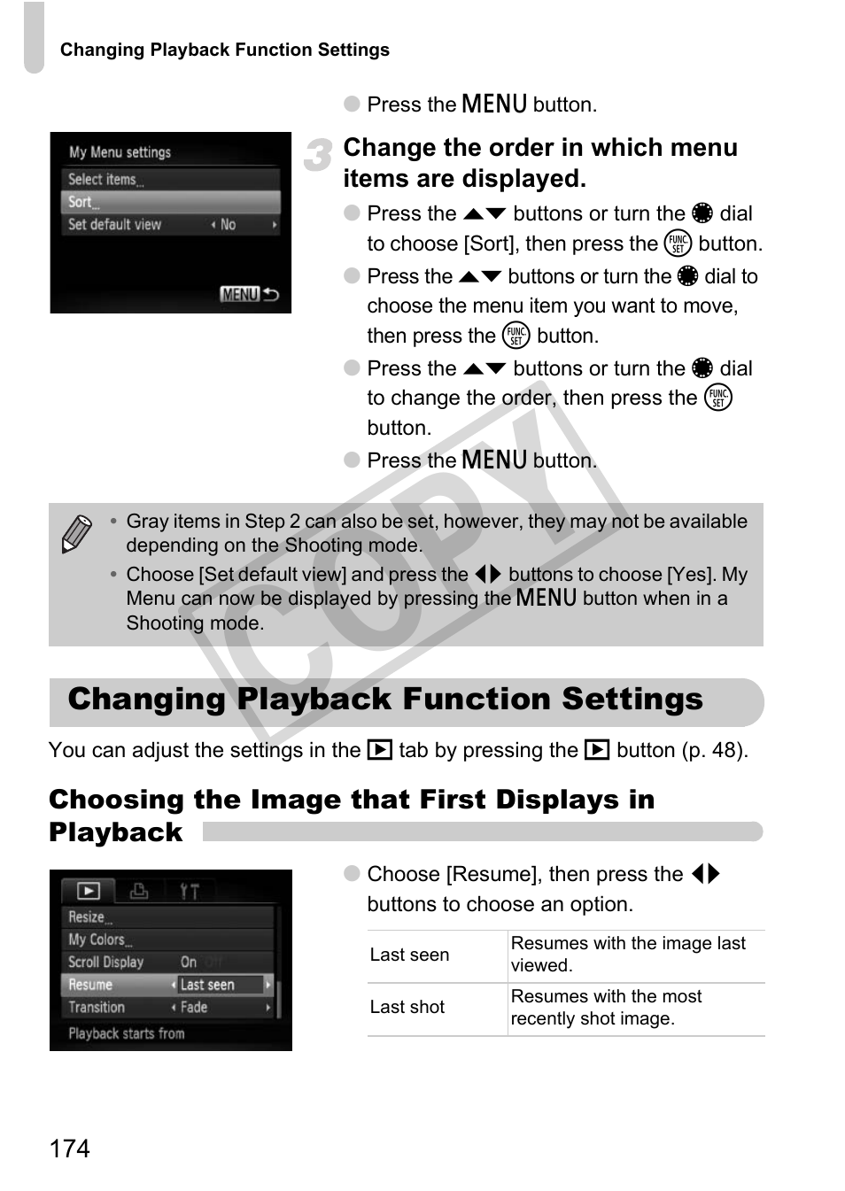 Changing playback function settings, Cop y | Canon PowerShot G12 User Manual | Page 174 / 214