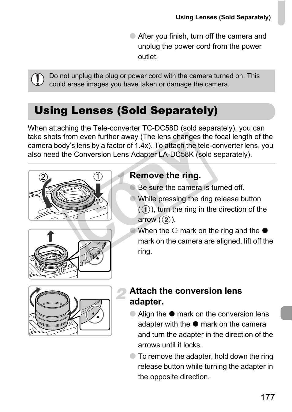 Using lenses (sold separately), Cop y | Canon PowerShot G12 User Manual | Page 177 / 214