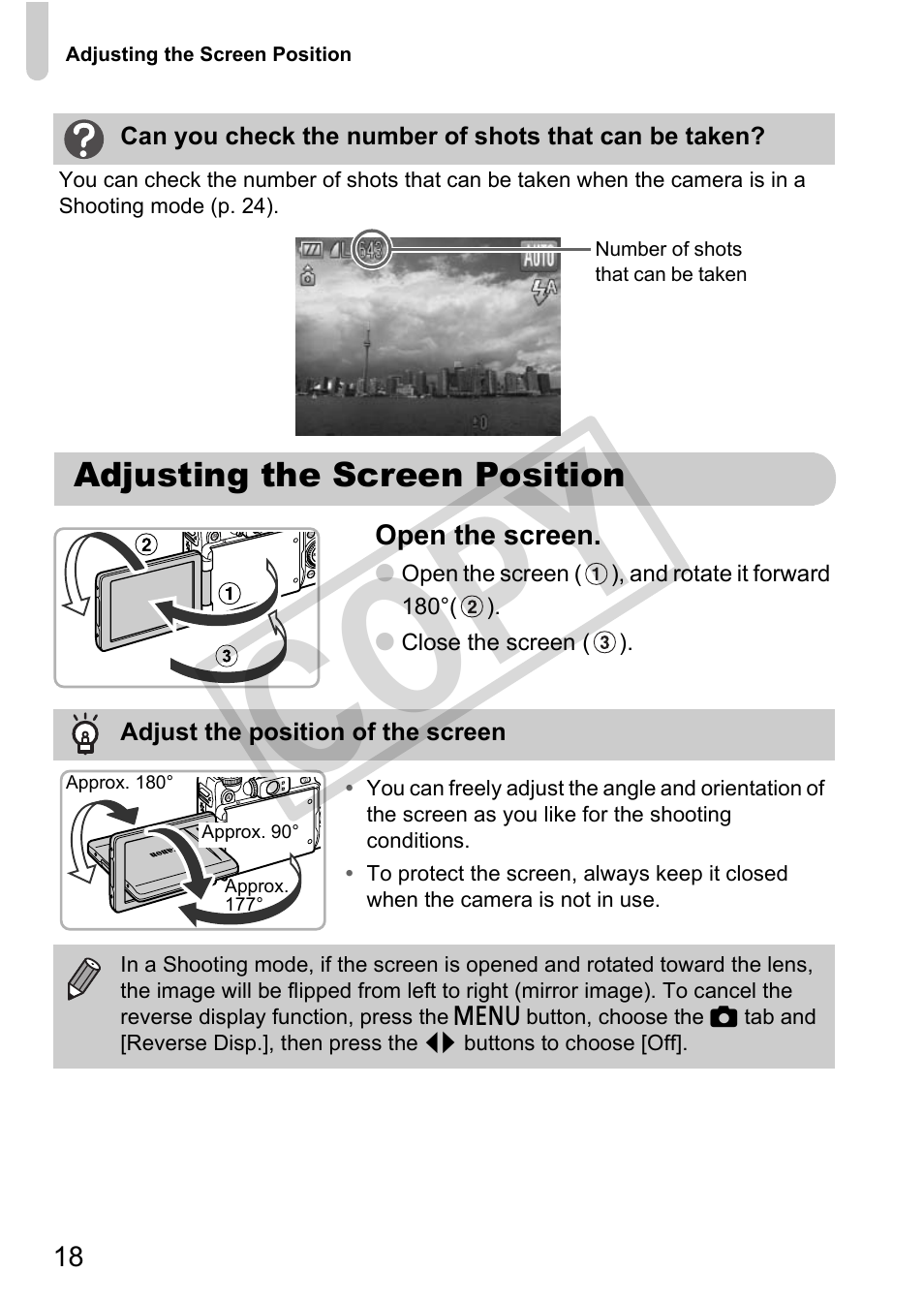 Adjusting the screen position, Cop y | Canon PowerShot G12 User Manual | Page 18 / 214