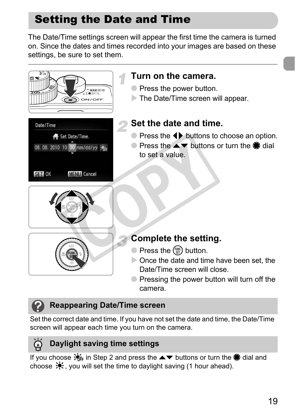 Setting the date and time, Cop y | Canon PowerShot G12 User Manual | Page 19 / 214